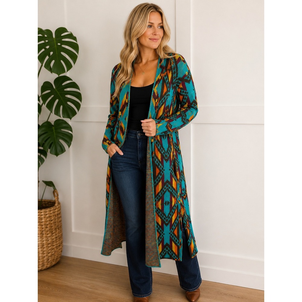 Rock and Roll Cowgirl XXL Teal Southwestern Geometric Duster Cardigan boho